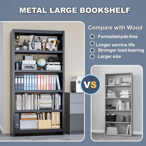 All Metal Five Tier Bookcase Matte Black Industrial