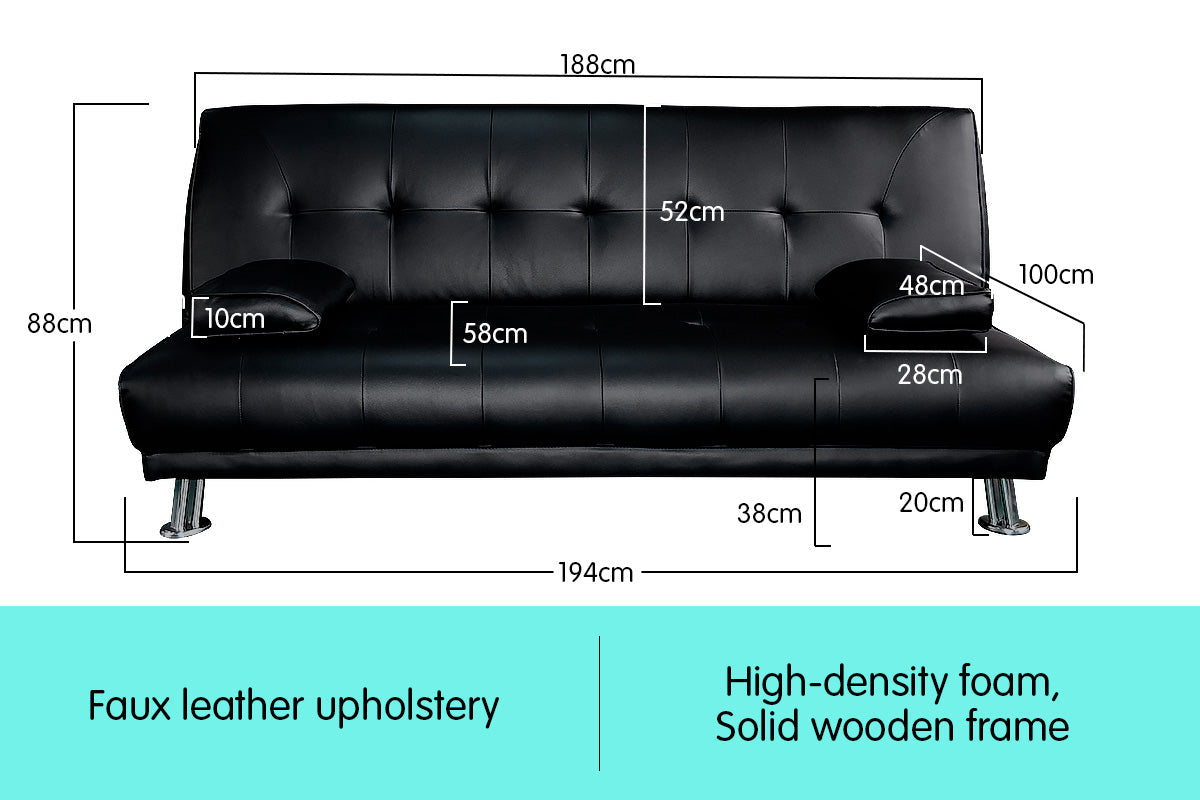 NNEDPE Sarantino 3 Seater Faux Leather Sofa Bed Couch Lounge Futon - Black